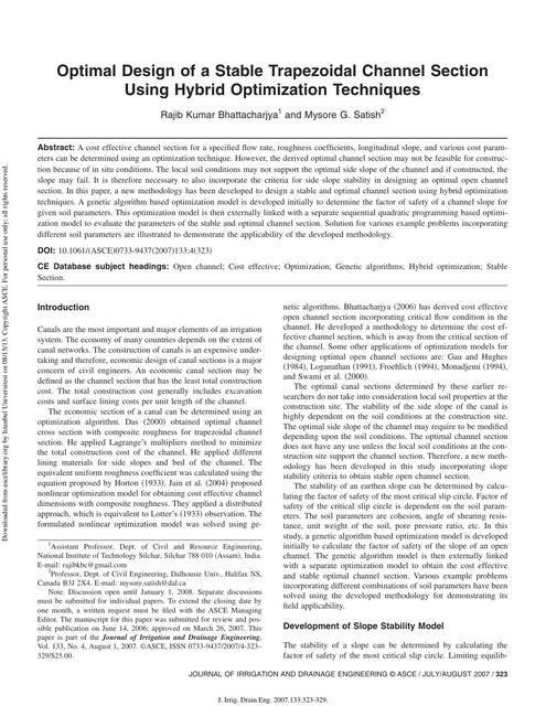 Optimal Design of a Stable Trapezoidal Channel Sec