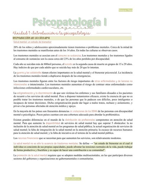 Psicopatología 1 Cognitiva - U1 Introd a la psicopatología