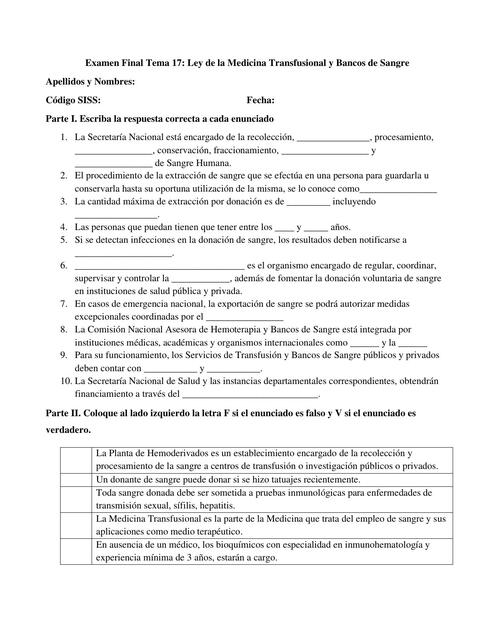 Examen Final Ley de Medicina transfusional