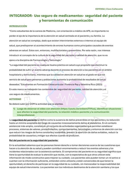 Farmacología: Actividad integradora sobre uso seguro de medicamentos y seguridad