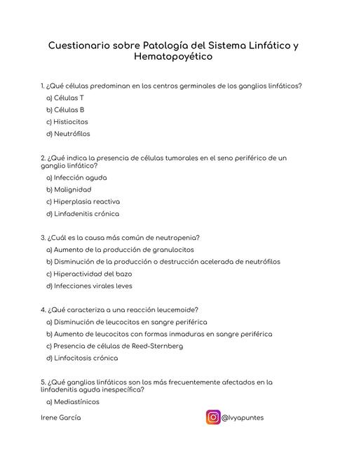 Cuestionario sobre Patología del Sistema Linfático