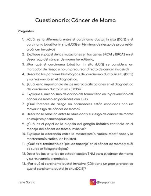 Cuestionario CARCINOMA DE MAMA