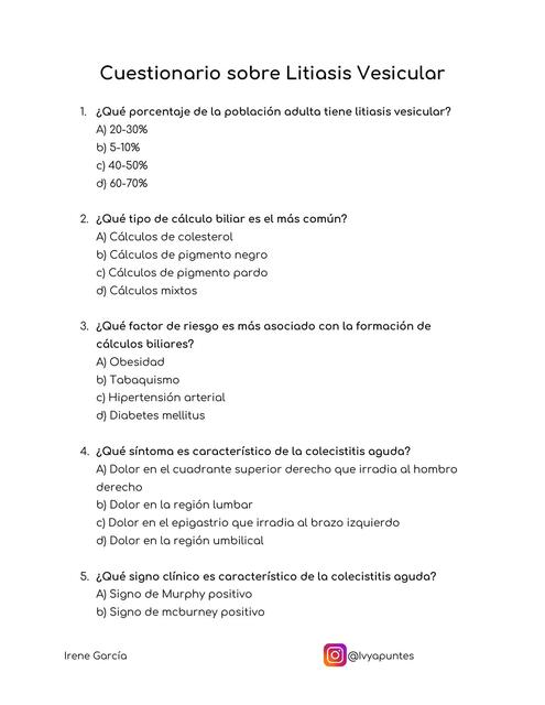 Cuestionario LITIASIS VESICULAR