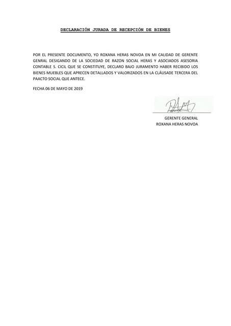 DECLARACIÓN JURADA DE RECEPCIÓN DE BIENES