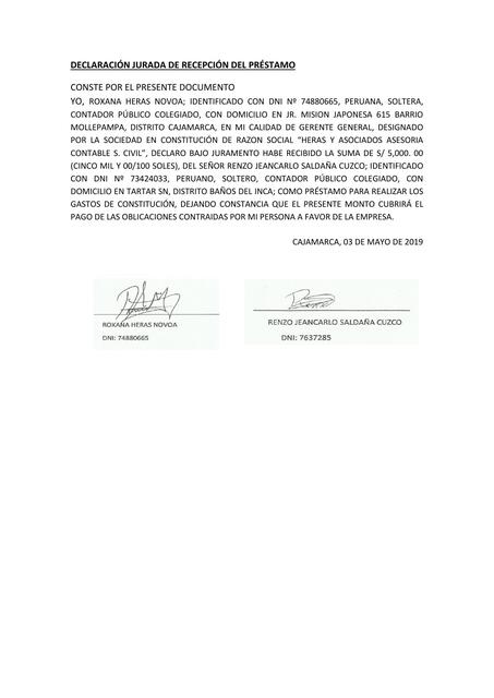 CONSTITUCIÓN DE EMPRESA: DECLARACIÓN DE PRÉSTAMO