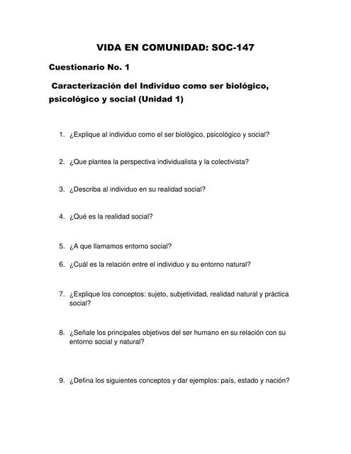 VIDA EN COMUNIDAD cuestionario no1