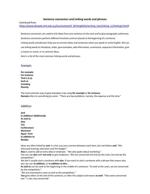 Grammar Reference Connectors Linking Words