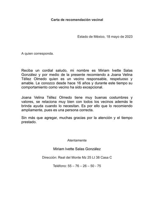 miriam ivette Carta de recomendación vecinal | Joana | uDocz