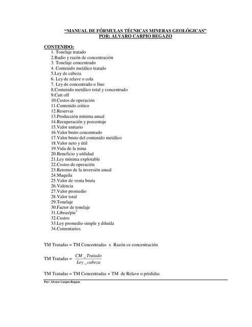 Formulas Geologicas Mineras Tonelada Volumen Udocz