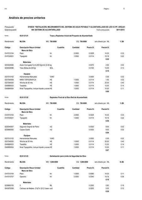 Unitarios Sistema Alcantarillado