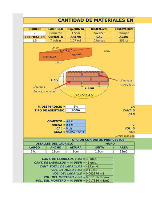 Cantidad de Materiales en Muro