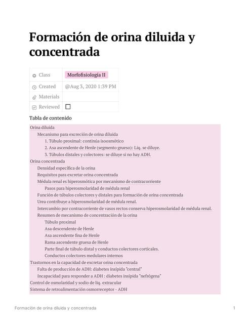 Formación de orina diluida y concentrada