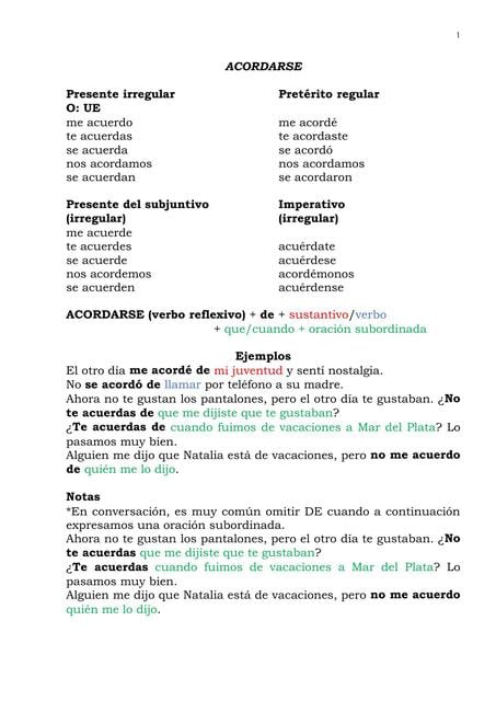 Flashcards de VERBO ACORDARSE | Por Leticia | uDocz