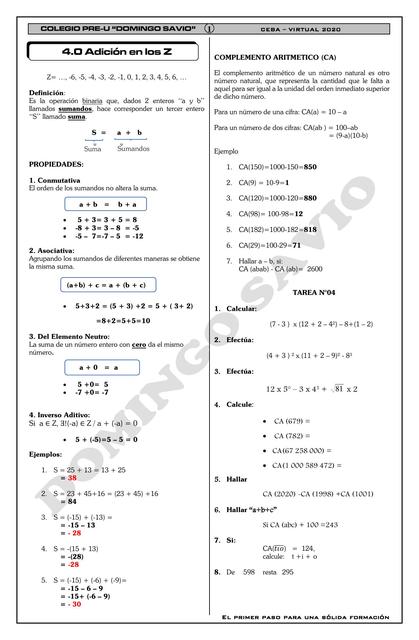 Adición en los Z Matemática