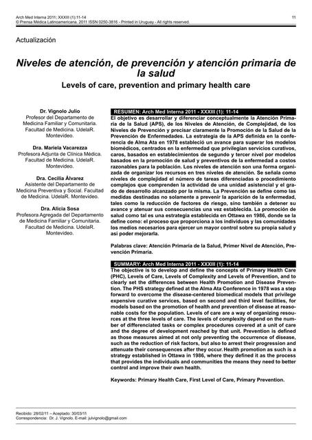 Niveles de atención, de prevención y atención primaria de la salud