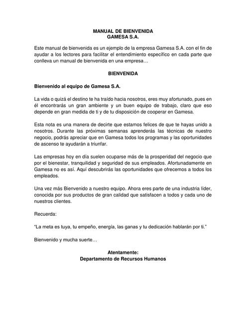 Manual de Bienvenida de una Empresa ejemplo Gamesa  Manual de