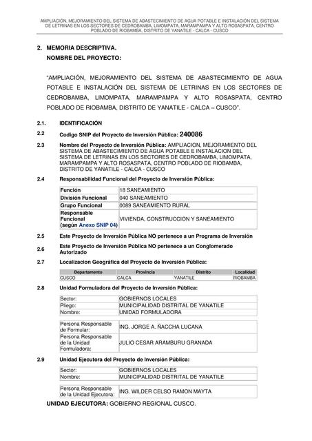 Memoria Descriptiva Abastecimiento de Agua Potable