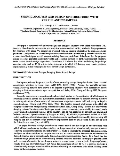 Seismic Analysis And Design Of Structures With Viscoelastic Dampers