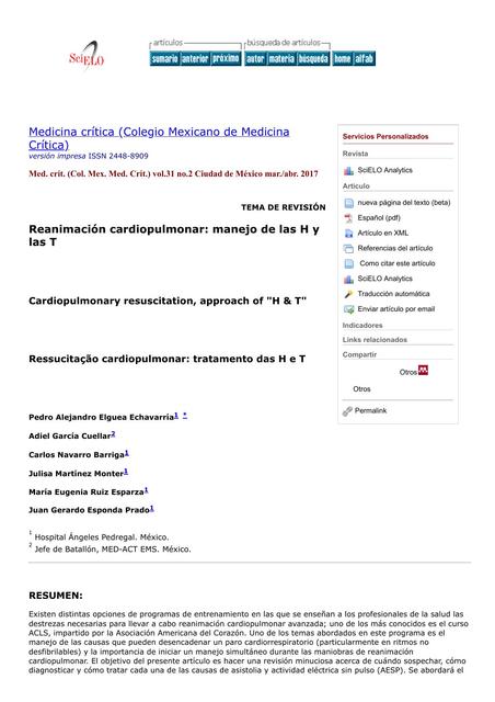 Reanimación cardiopulmonar manejo de las H y las T