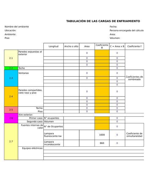 Hoja De Cargas Térmicas Para Enfriamiento