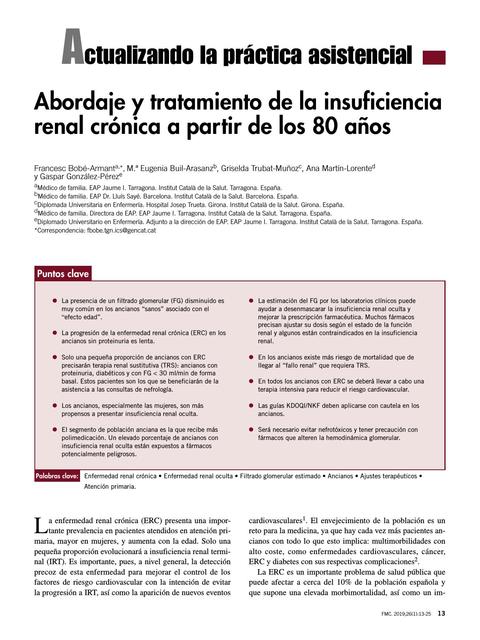 Abordaje y tratamiento de la insuficiencia renal crónica a partir de los 80 años