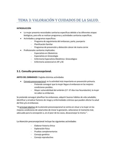 Valoración y cuidados de la salud de la mujer