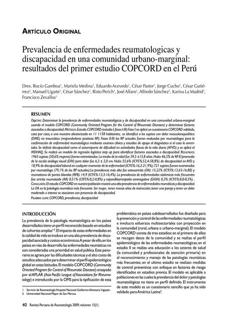 Prevalencia de enfermedades reumatologicas y discapacidad en una comunidad urbano-marginal