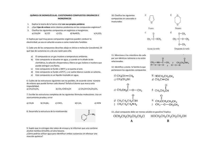 Cuestionario de compuestos orgánicos