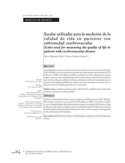 Escalas utilizadas para la medición de la calidad de vida en pacientes con enfermedad cerebrovascular