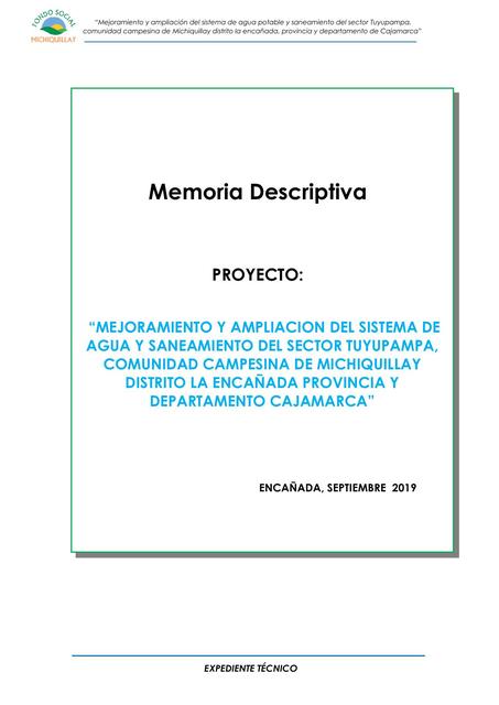 Memoria Descriptiva Mejoramiento y Ampliación de Sistema de Agua Potable