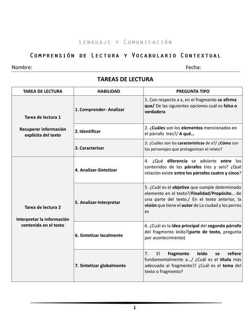 Compresión De Lectura y Vocabulario Contextual