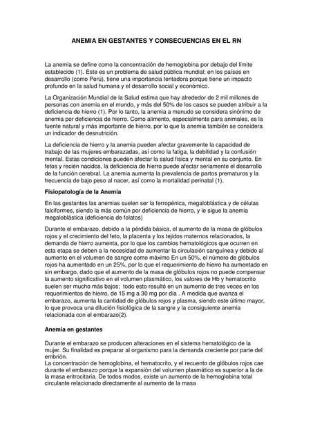 Anemia en Gestantes y Consecuencias en el RN 