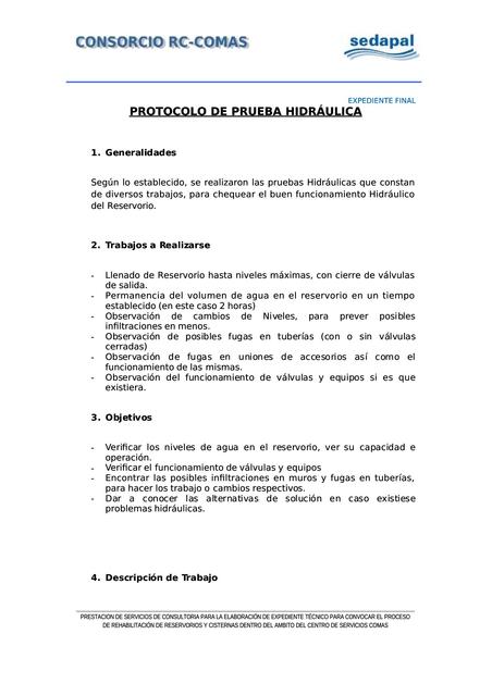 Protocolo de prueba hidráulica