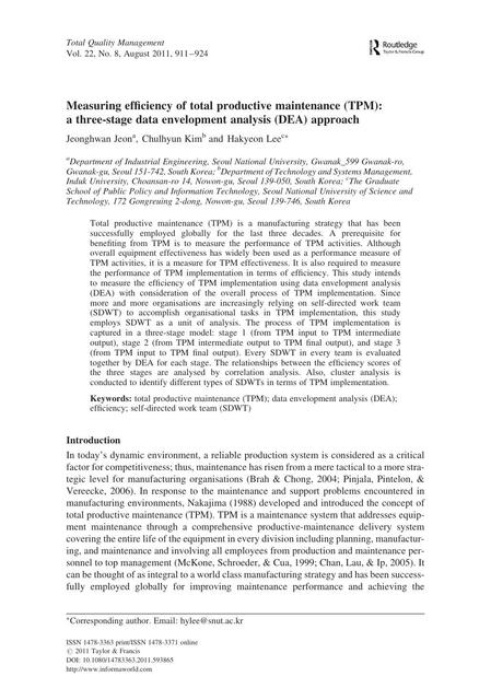 Measuring efﬁciency of total productive maintenance (TPM)