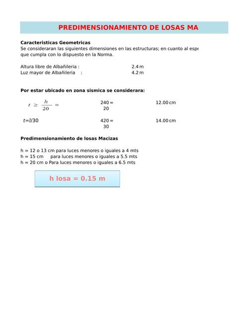 Predimensionamiento de Loza Maciza