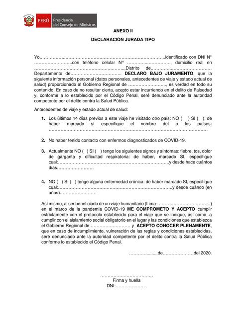 Declaración Jurada de covid 19