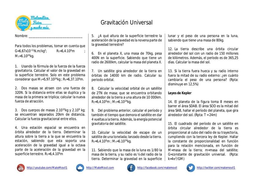 Gravitación Universal Ejercicios Propuestos | Luis Humberto Morales