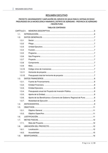 Resumen Ejecutivo Mejoramiento de Abastecimiento de Agua