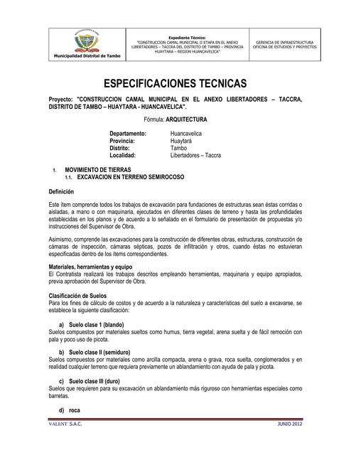 Especificaciones técnicas Construcción de Camal Municipal