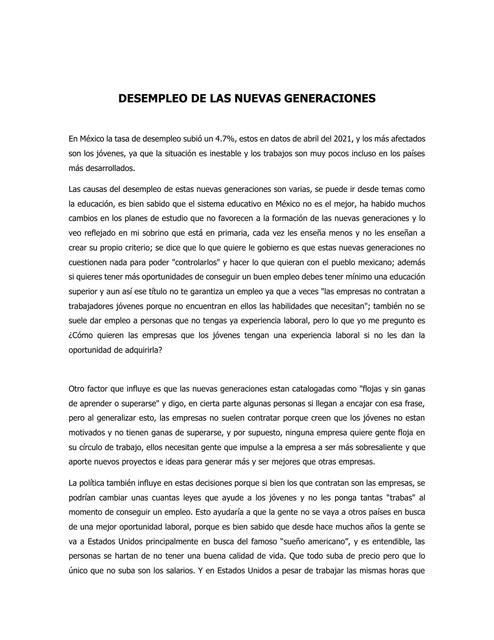 Desempleo en las Nuevas Generaciones