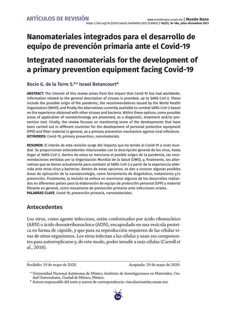 Nanomateriales integrados para el desarrollo de equipo de prevención primaria ante el Covid-19