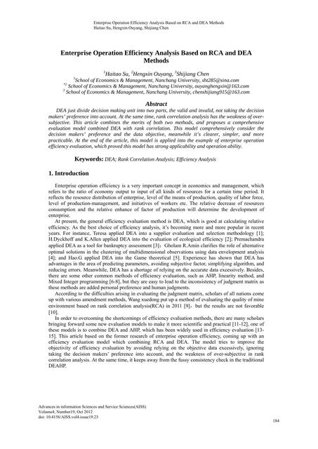 Enterprise Operation Efficiency Analysis Based on RCA and DEA Methods 