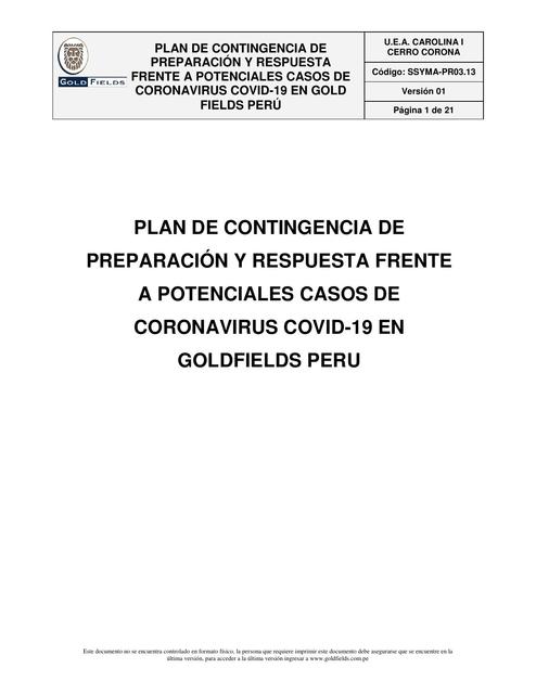 Plan de Contingencia de Preparación y Respuesta Frente a Potenciales Casos de Coronavirus 