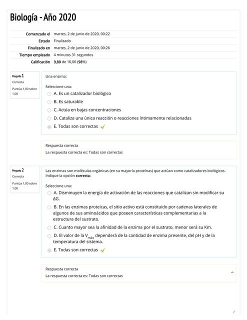 Autoevaluación de Enzimas