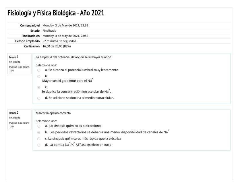 Autoevaluación Fisiología y Física Biológica - Año 2021