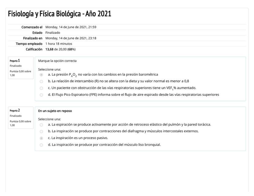 Autoevaluación Fisiología y Física Biológica - Año 2021