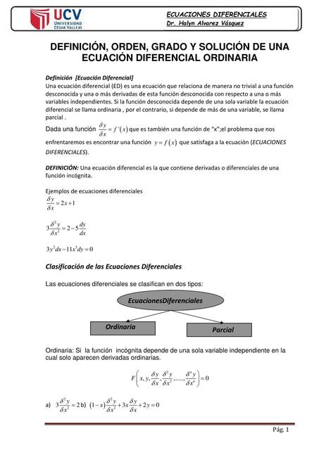 Definición y Orden de una Ecuación Diferencial Ordinaria