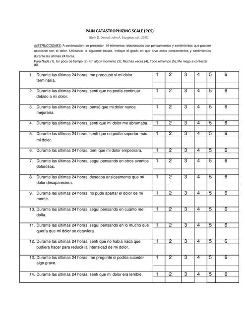 Pain Catastrophing Scale | Más fisioterapia | uDocz