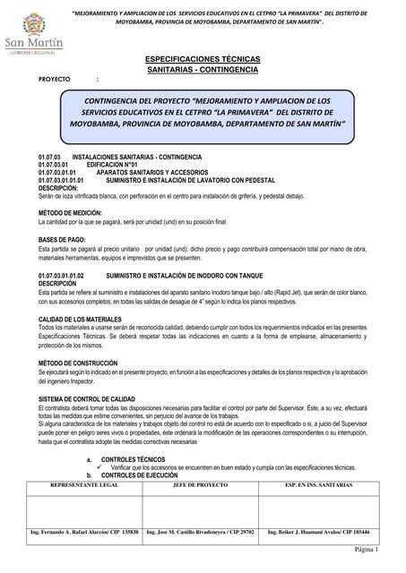 Especificaciones Técnicas Sanitarias 