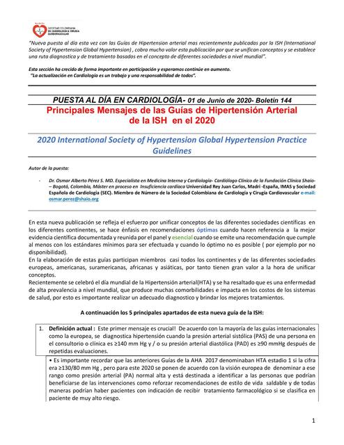 Principales Mensajes de las Guías de Hipertensión Arterial  de la ISH  en el 2020 